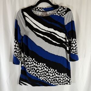 Chico's Blouse Women's Small Black Blue White 3/4 Sleeve Round Neck Stretch